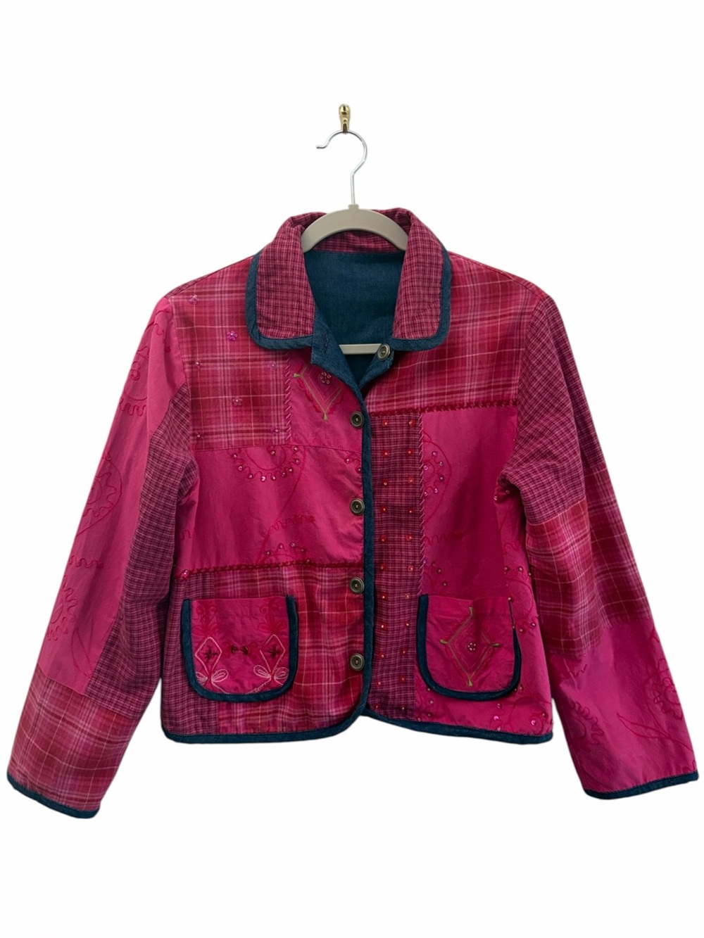 C.M. Shapes Petites Pink Reversible Patchwork Quilted Jacket Size Small Hippie
